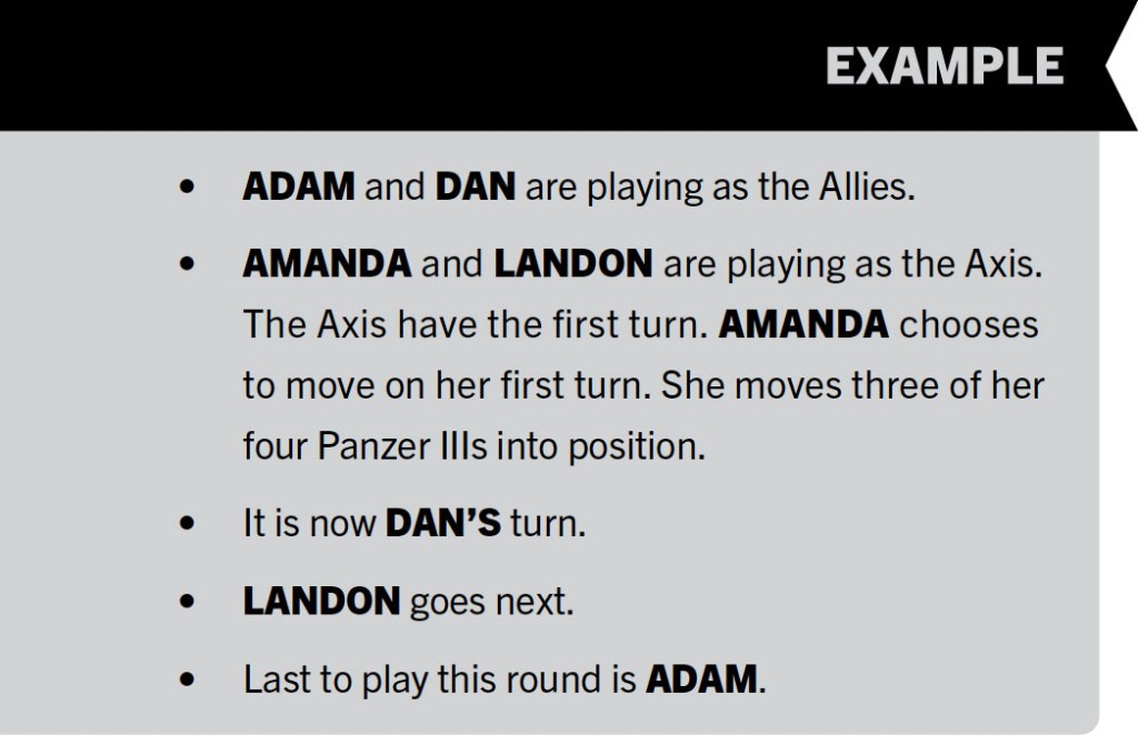 Example 3:
• ADAM and DAN are playing as the Allies.
• AMANDA and LANDON are playing as the Axis. The Axis have the first turn. AMANDA chooses
to move on her first turn. She moves three of her four Panzer IIIs into position.
• It is now DAN’S turn.
• LANDON goes next.
• Last to play this round is ADAM.